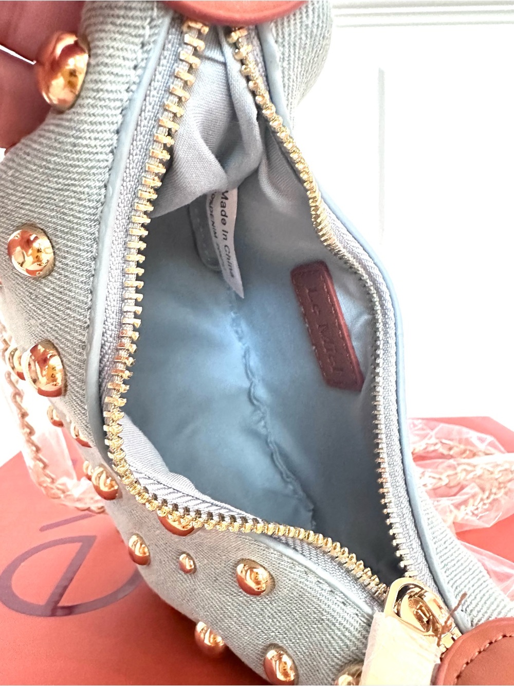 LE MIEL ~ Light Wash Denim Gold Studded Mini Bag w/Crossbody Chain Vegan PU - Picture 7 of 11